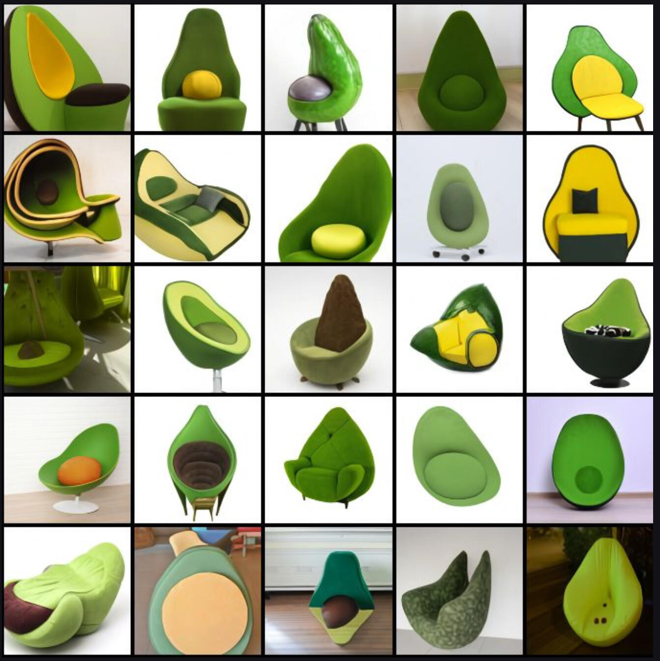 Images of a chair, inspired by the avocado, created with OpenAi's Dall*E converter.