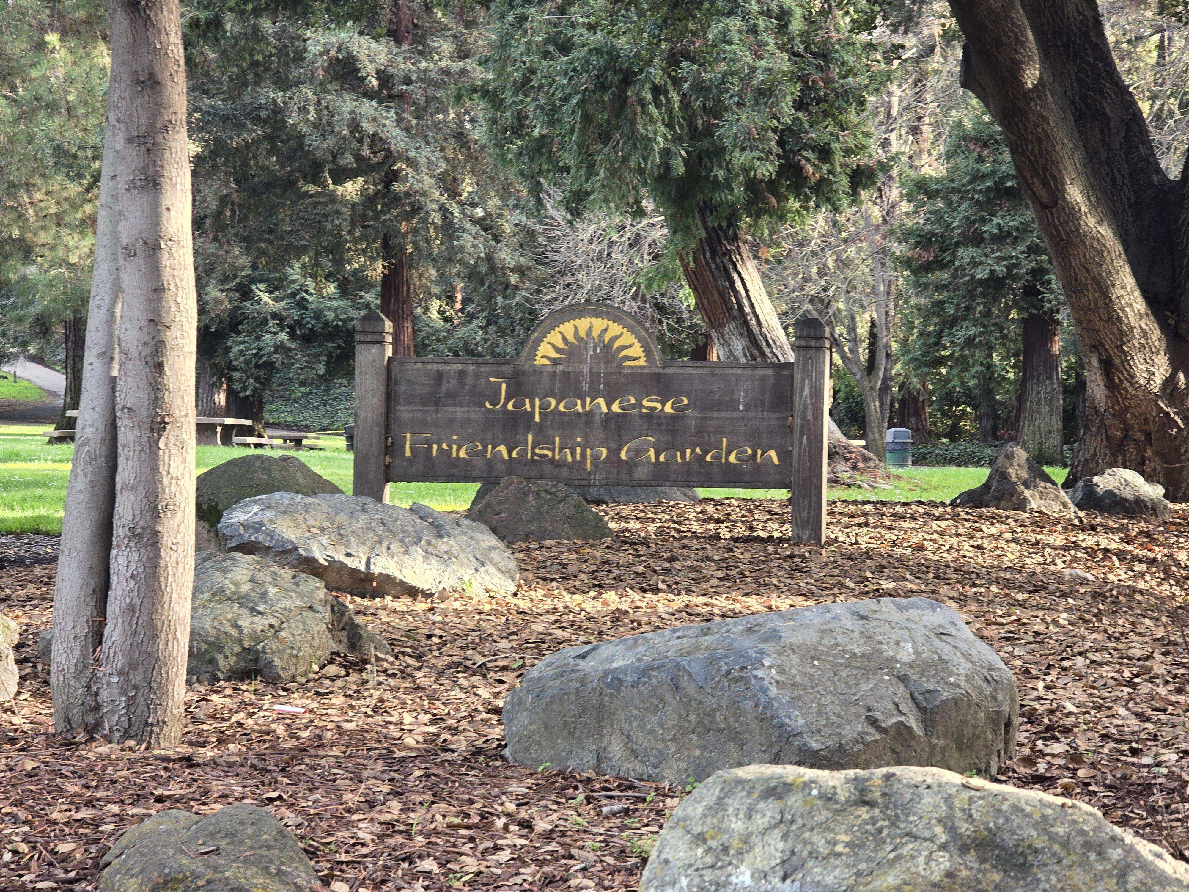 A photo of a wooden sign in a park