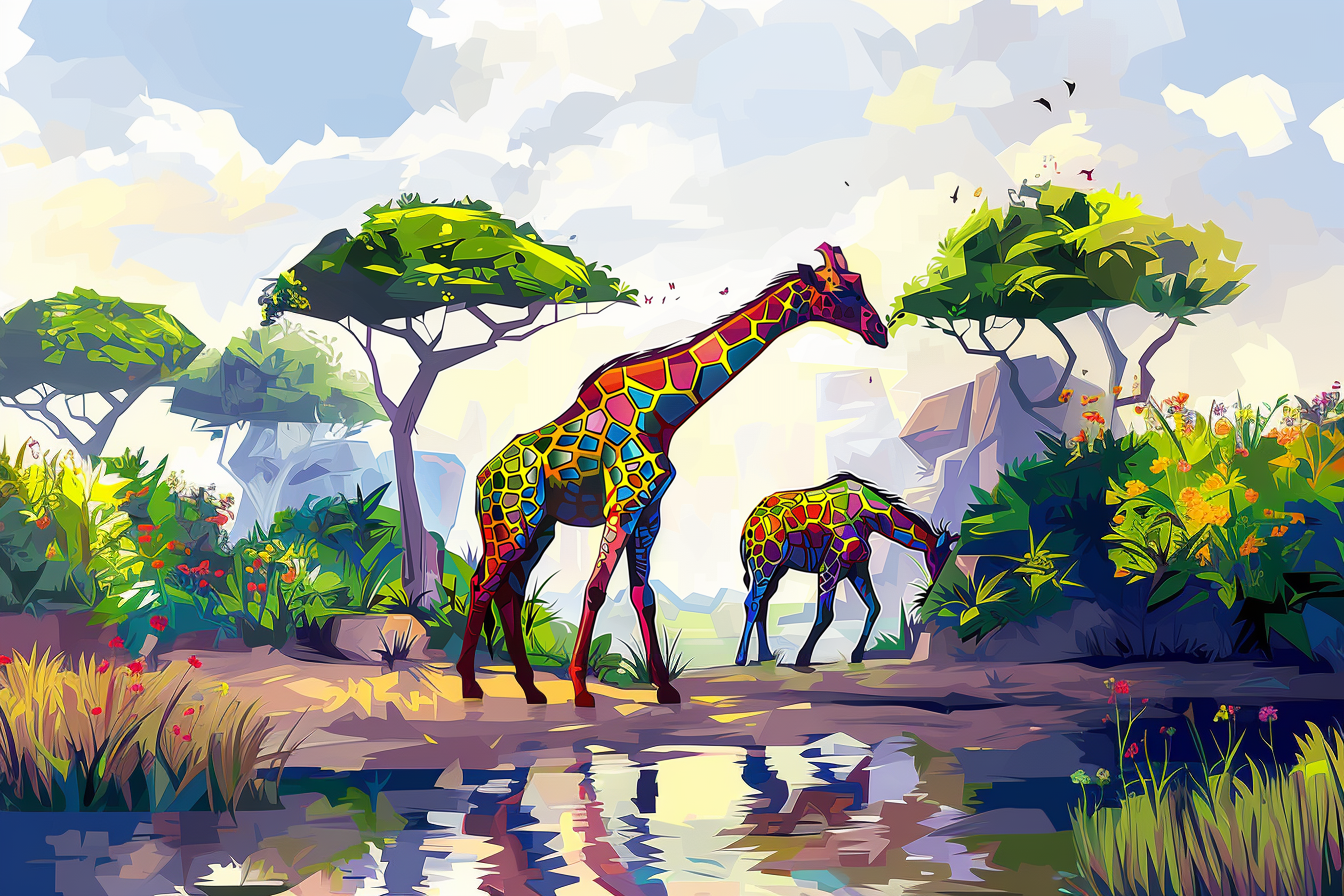two rainbow giraffes standing in a cartoon safari scene