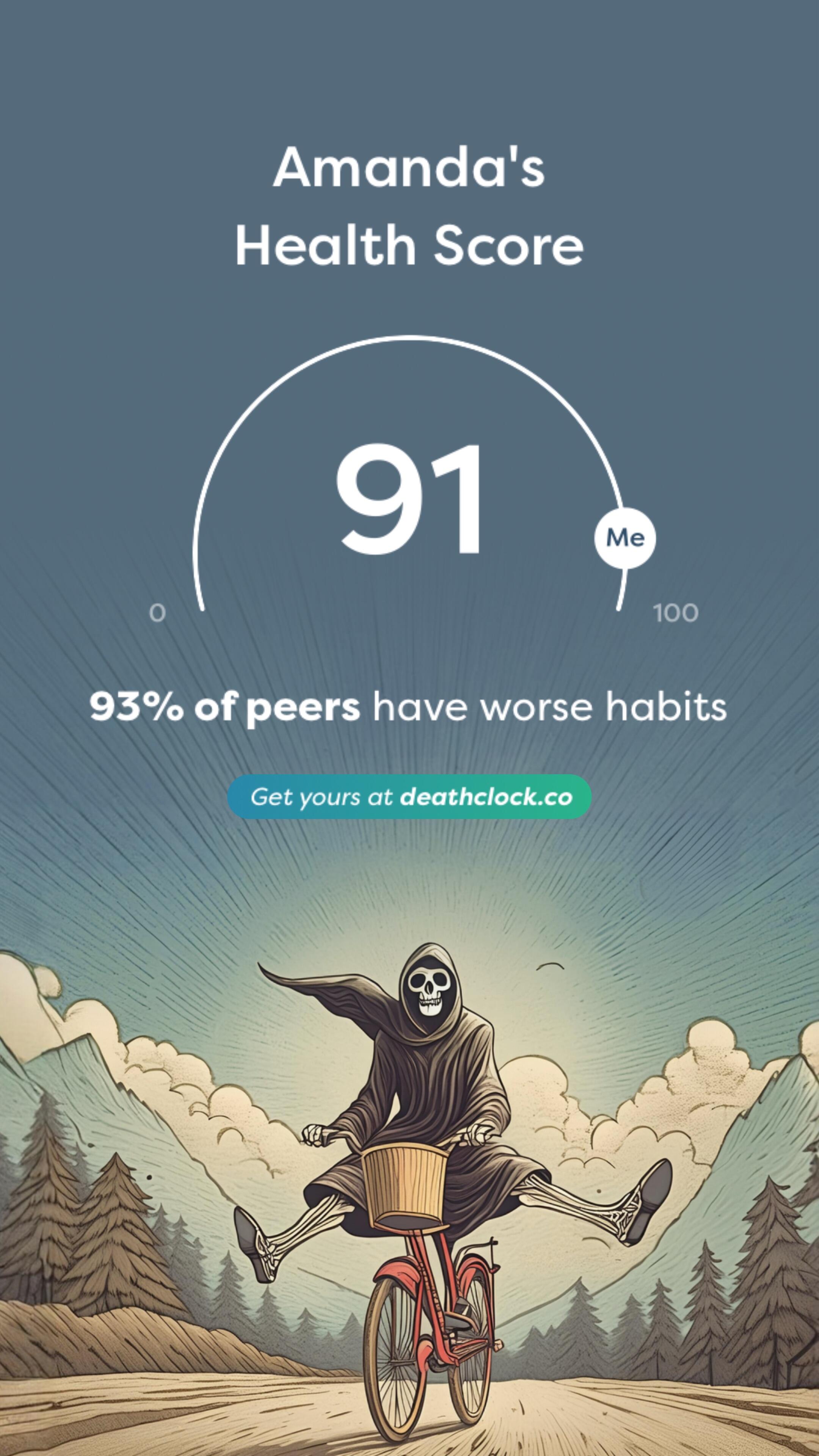 Death Clock app screenshot with grim reaper riding a bike and a 91 health score.